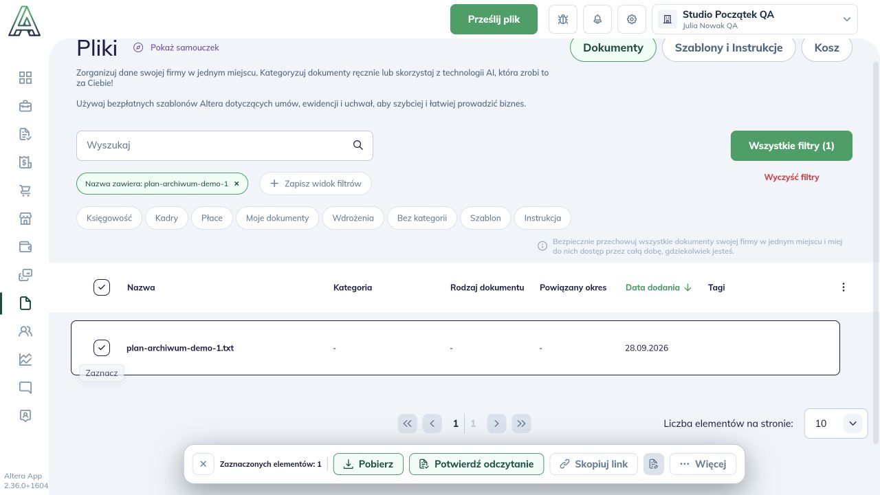 Wybrany plik i pasek akcji z Pobierz, Potwierdź odczytanie, Skopiuj link i Więcej