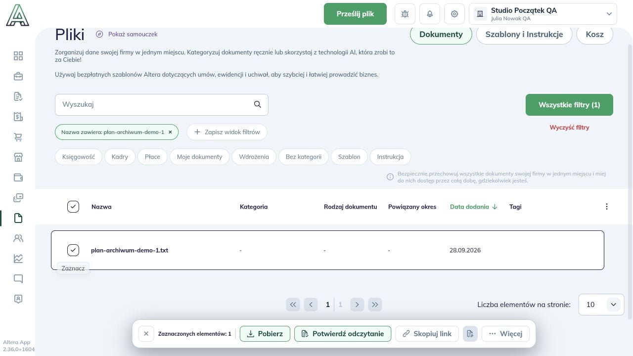 Wybrany plik i pasek akcji z Pobierz, Potwierdź odczytanie, Skopiuj link i Więcej