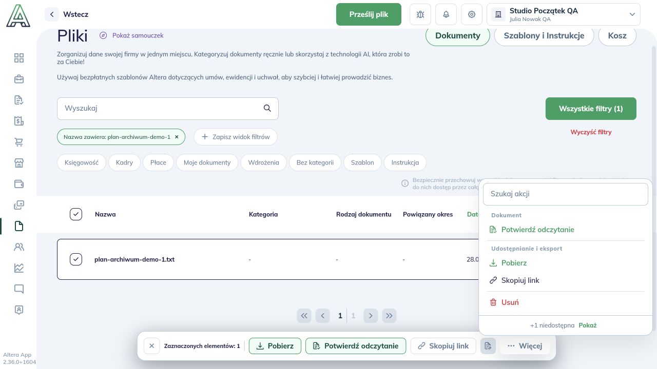 Menu Więcej dla wybranego dokumentu z akcją Usuń