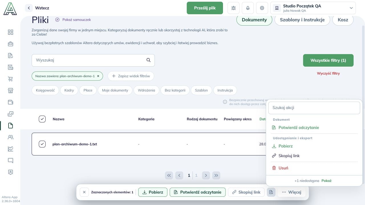 Menu Więcej dla wybranego dokumentu z akcją Usuń