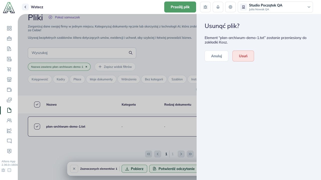 Potwierdzenie przeniesienia wskazanego pliku do Kosza