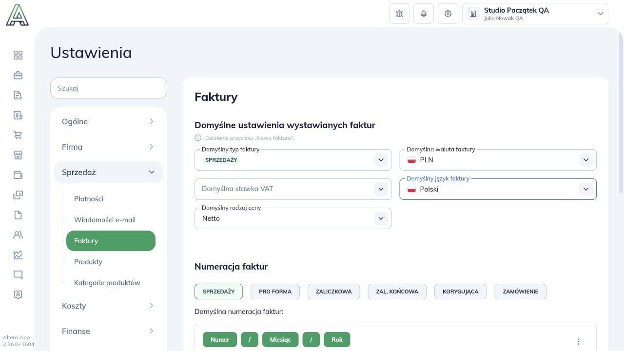 Numeracja faktur w ustawieniach Sprzedaży z przyciskami typów dokumentów