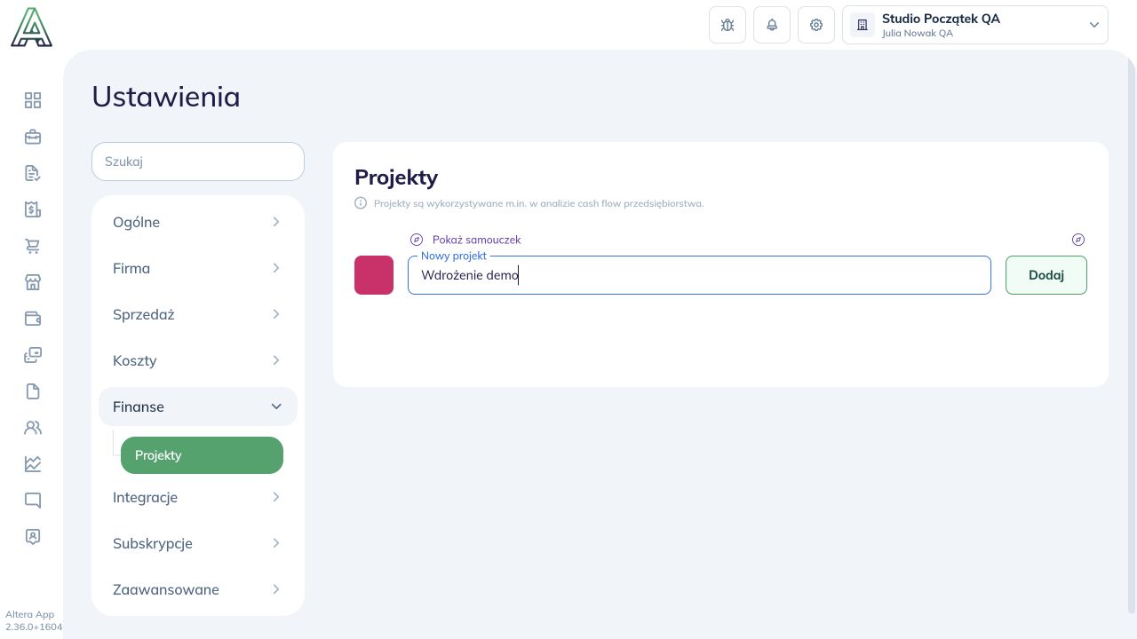 Wpisana nazwa Wdrożenie demo i przycisk Dodaj przed utworzeniem projektu