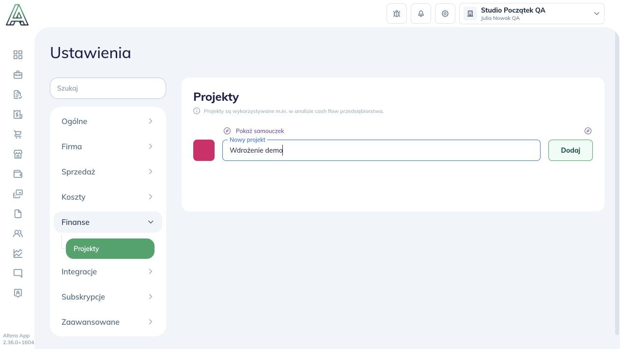 Wpisana nazwa Wdrożenie demo i przycisk Dodaj przed utworzeniem projektu