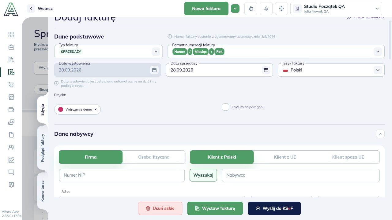 Projekt Wdrożenie demo wybrany w danych podstawowych nowej faktury