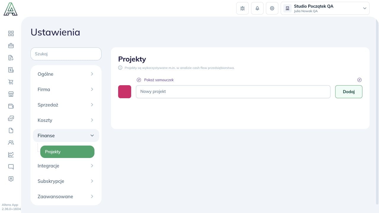 Ustawienia Finanse Projekty i pole Nowy projekt