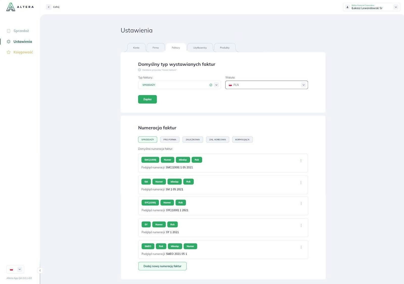 Ustawienia numeracji faktur w Altera