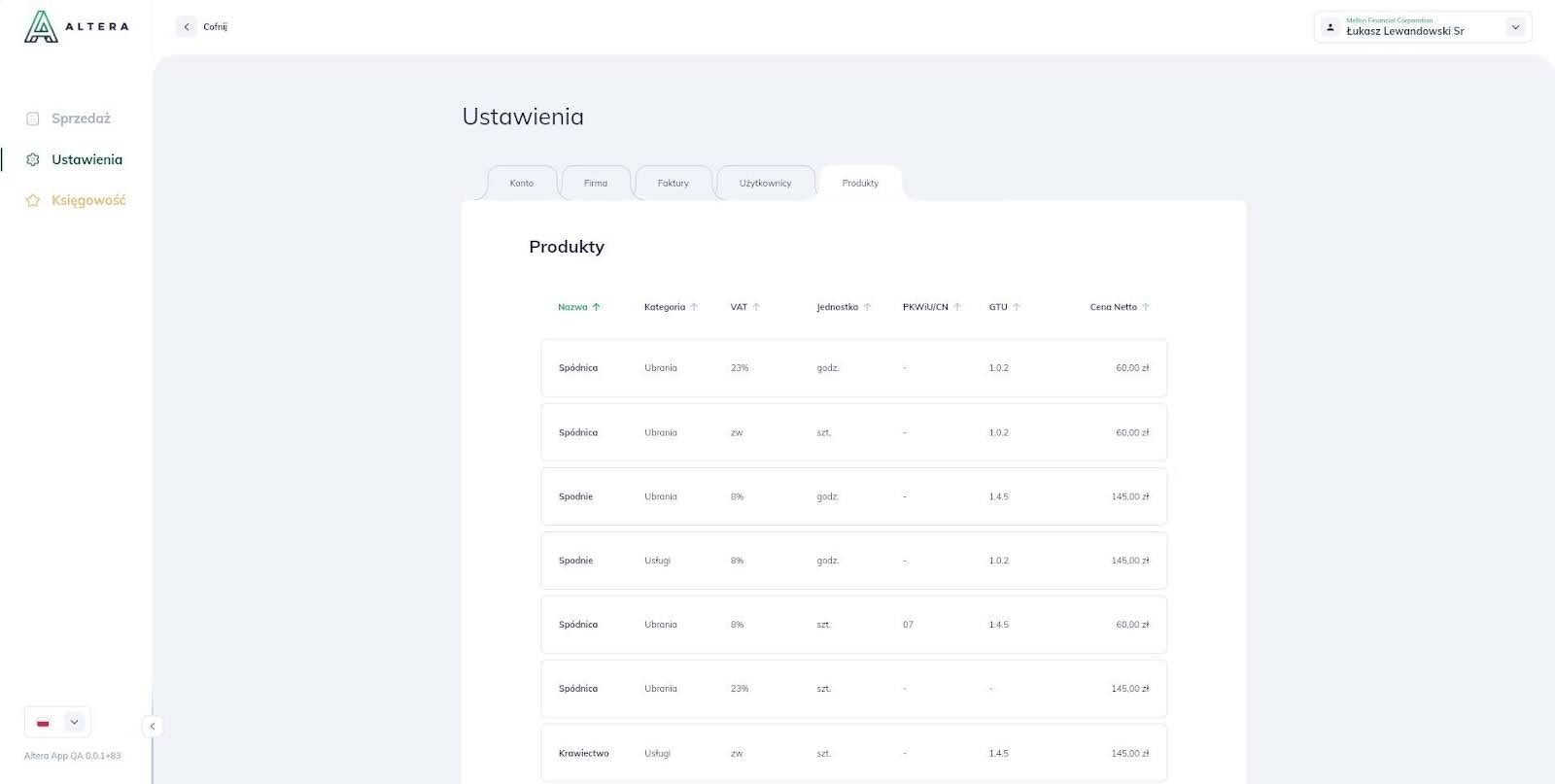 Zarządzanie listą produktów w Altera