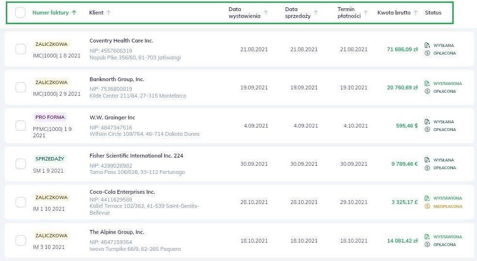 Główna lista faktur w Altera