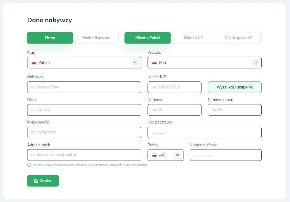 Wprowadzanie danych nabywcy faktury