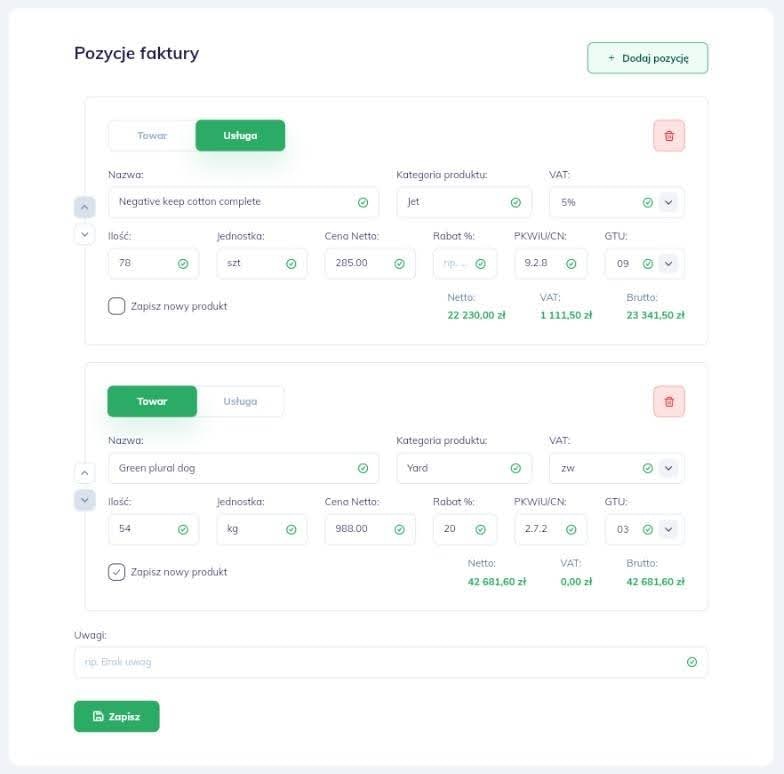 Dodawanie pozycji na fakturze