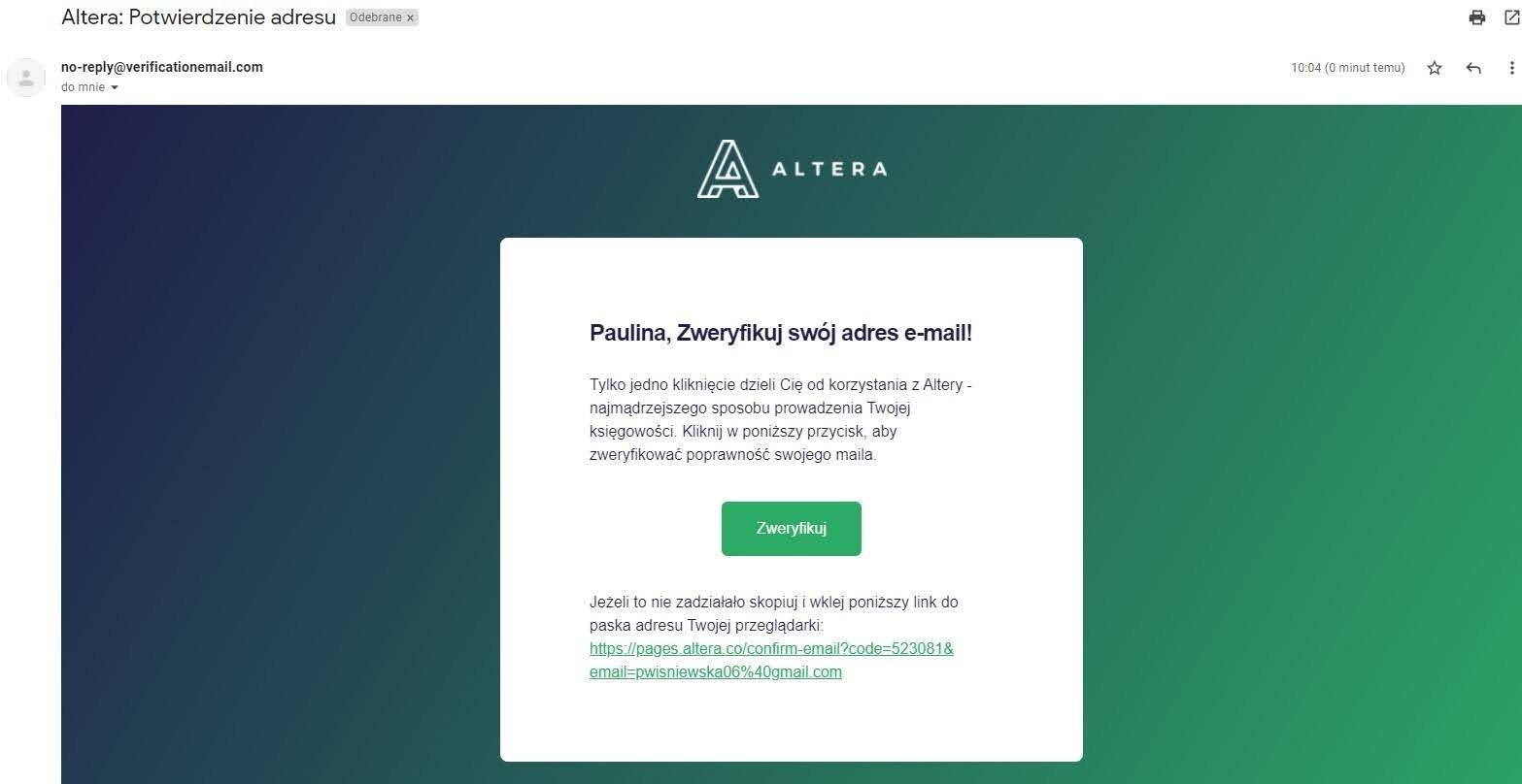 Weryfikacja adresu e-mail w Altera