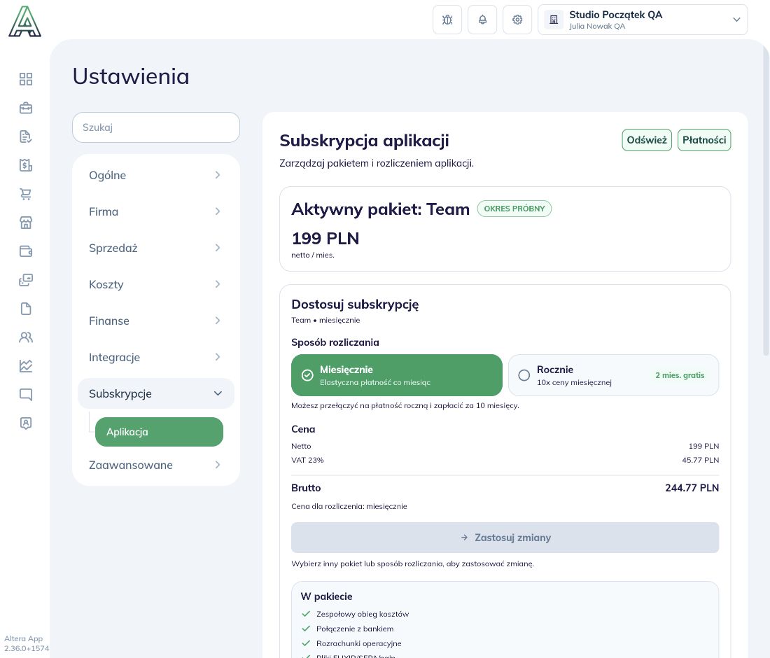 Ustawienia subskrypcji: aktywny pakiet Team i status okres próbny
