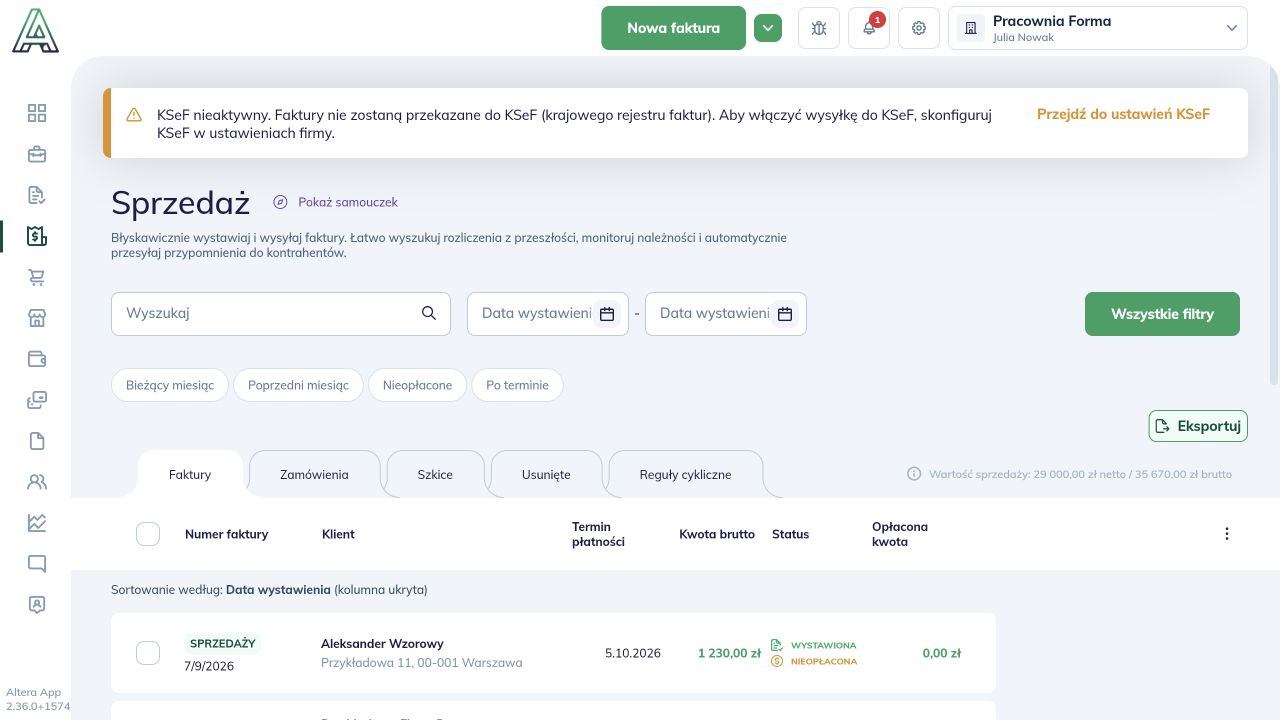Lista Sprzedaż: kliknięcie wiersza otwiera szczegóły faktury; checkbox po lewej służy do drugiego sposobu