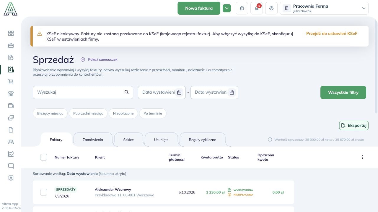 Lista Sprzedaż: kliknięcie wiersza otwiera szczegóły faktury; checkbox po lewej służy do drugiego sposobu