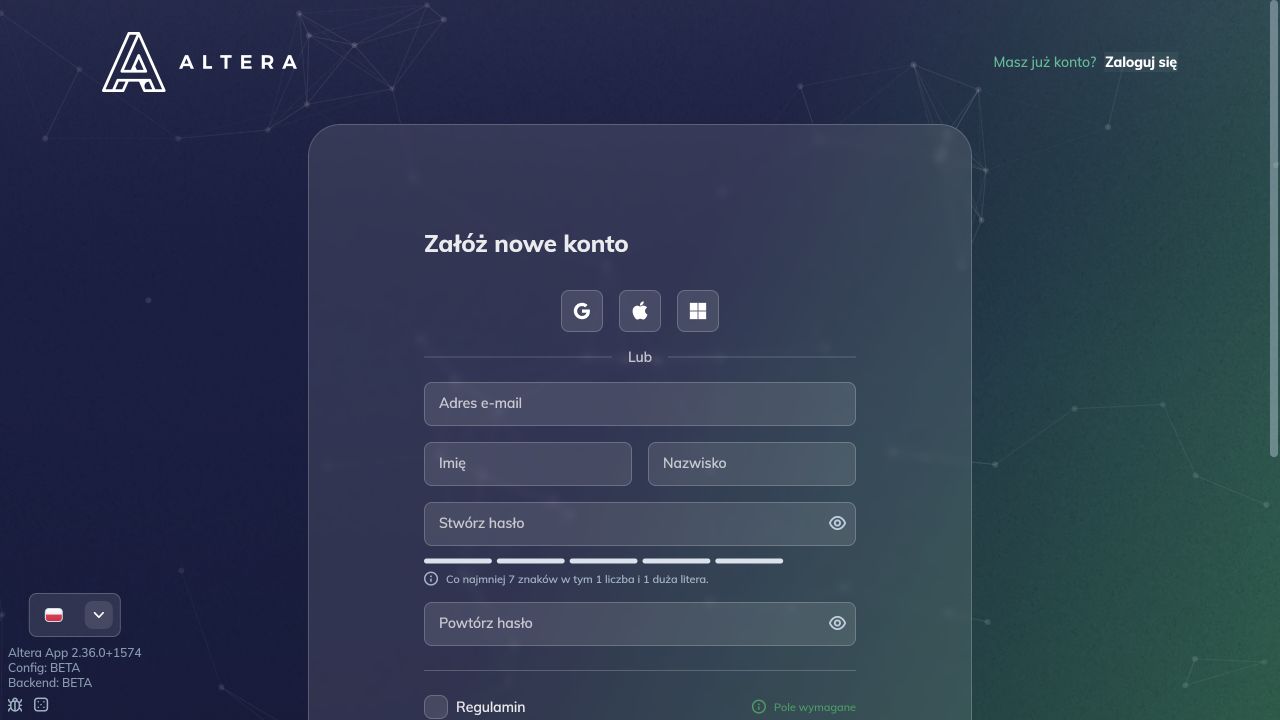 Aktualny formularz rejestracji z polami konta, regulaminem i przyciskiem Zarejestruj