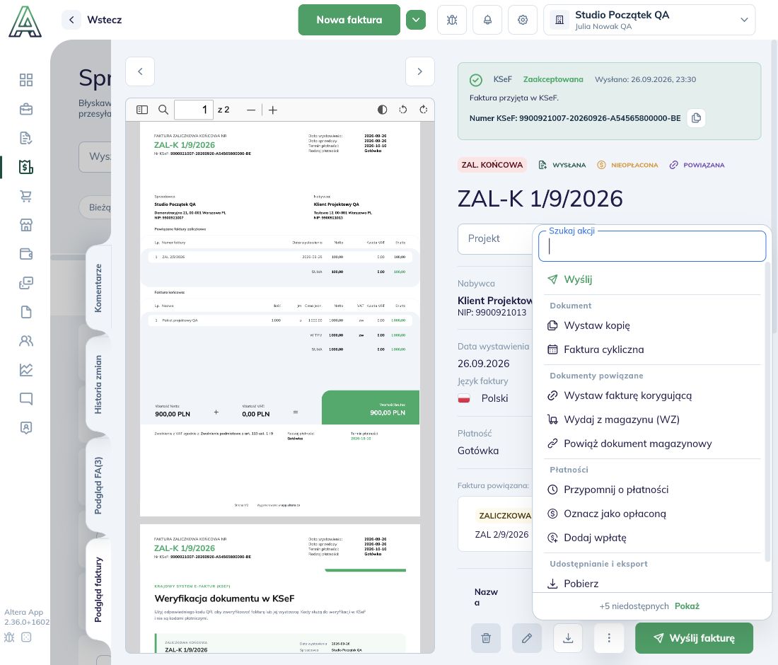 Otwarte menu Więcej akcji faktury końcowej z przyciskiem Wystaw fakturę korygującą