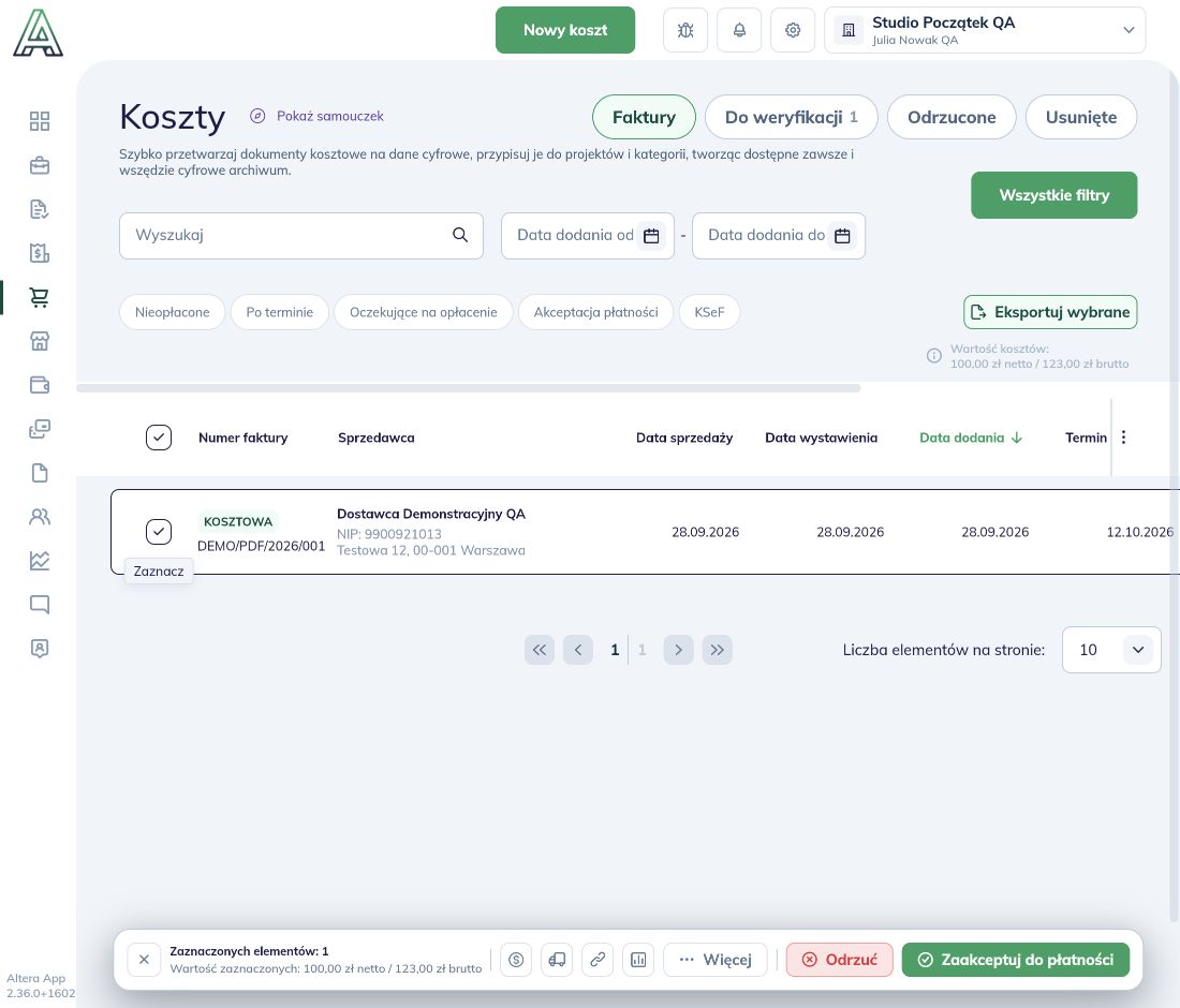 Zaznaczony koszt i przycisk Odrzuć na pasku akcji
