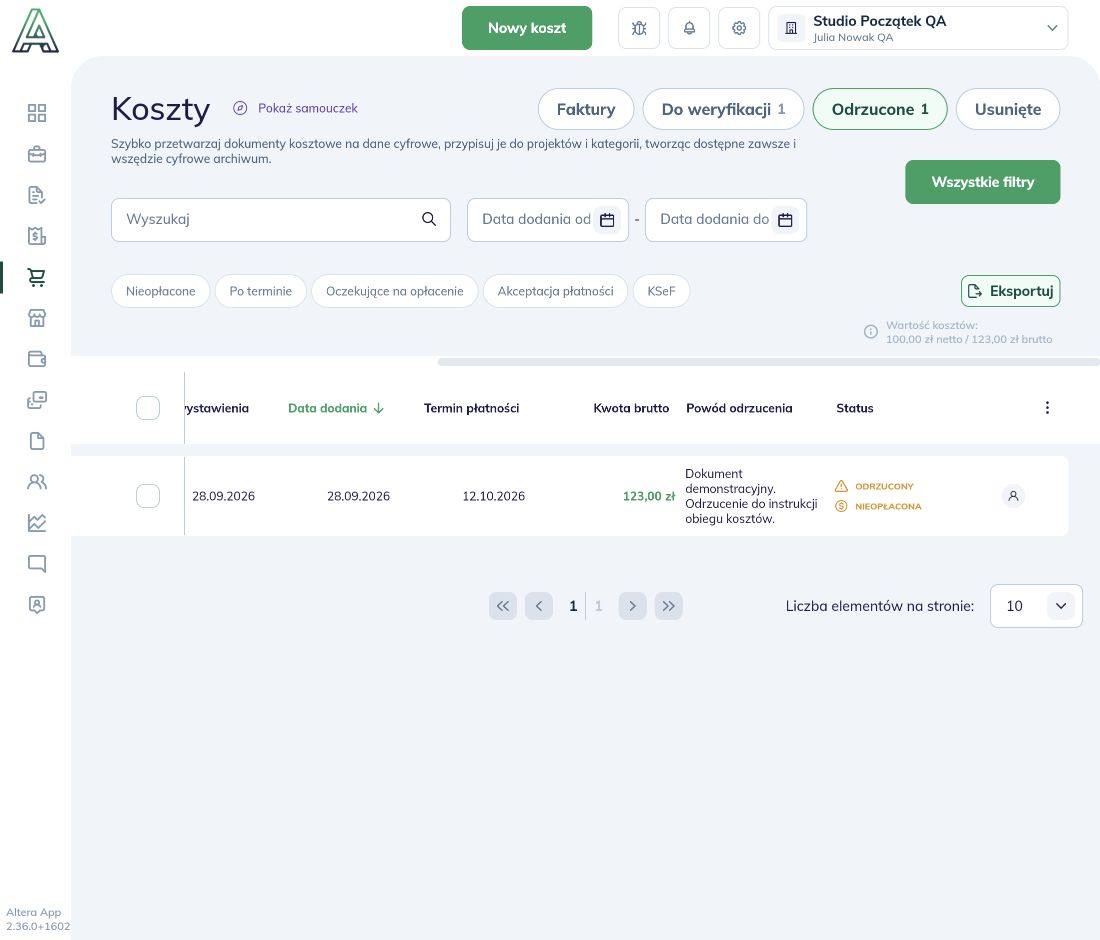 Tabela pokazująca zapisany powód odrzucenia i status Odrzucony