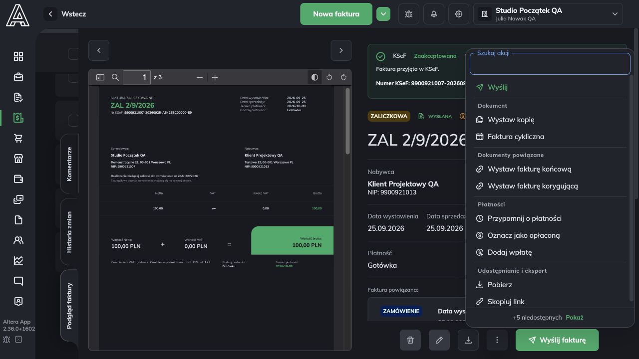 Szczegóły zaliczki ZAL 2/9/2026 z otwartym menu Więcej akcji i widoczną akcją Wystaw fakturę końcową