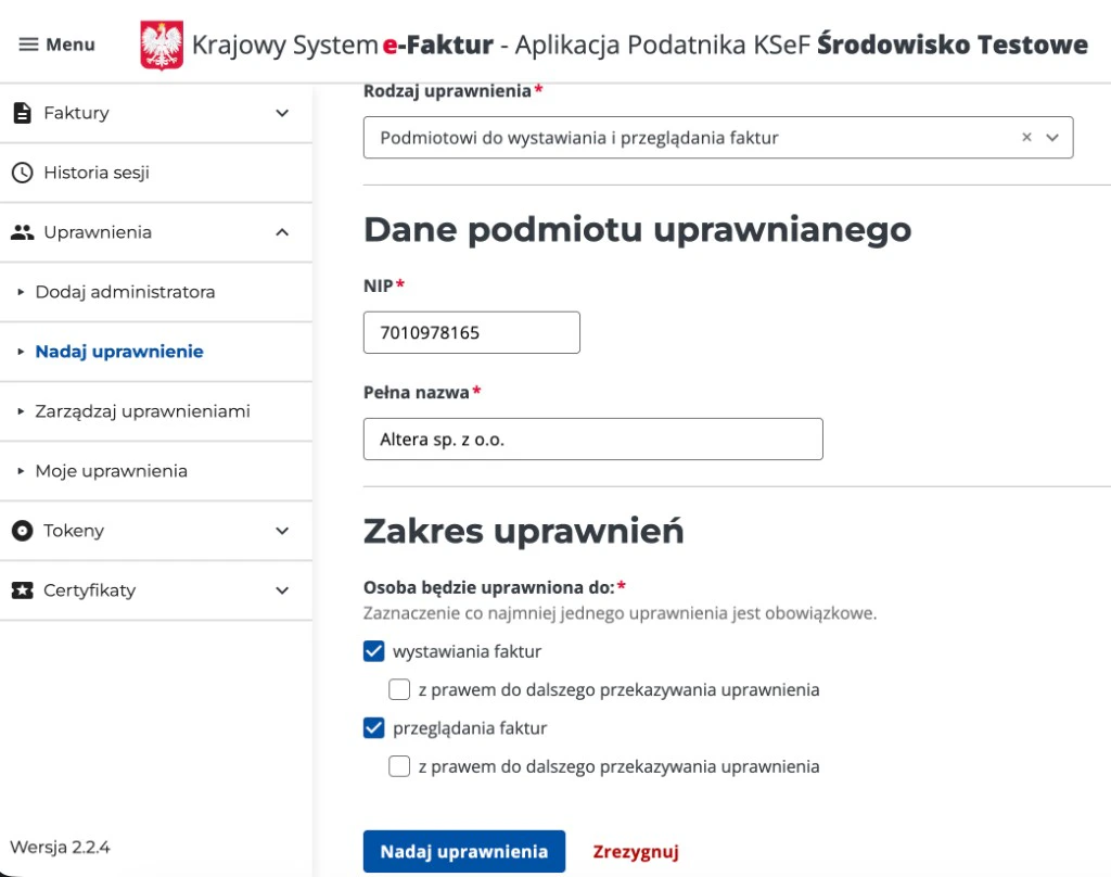 KSeF: formularz – NIP Altera, nazwa i zakres uprawnień