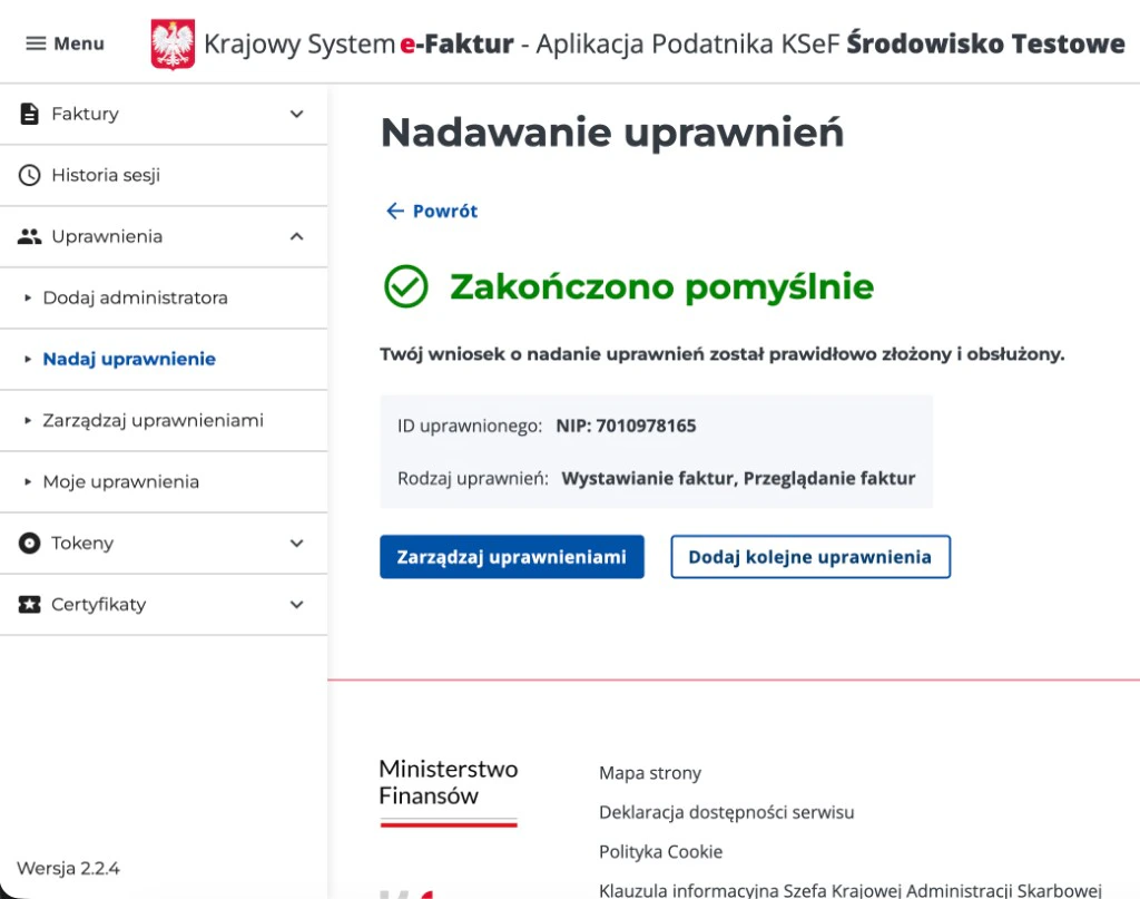 KSeF: potwierdzenie nadania uprawnień