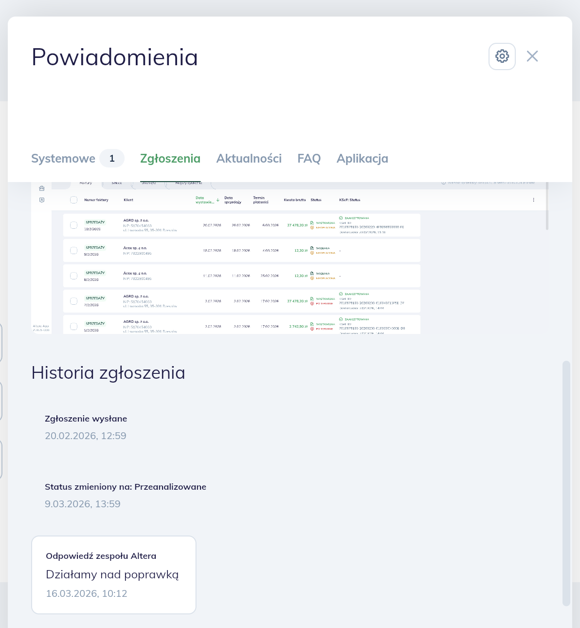 Nowa zakładka Zgłoszenia w centrum powiadomień