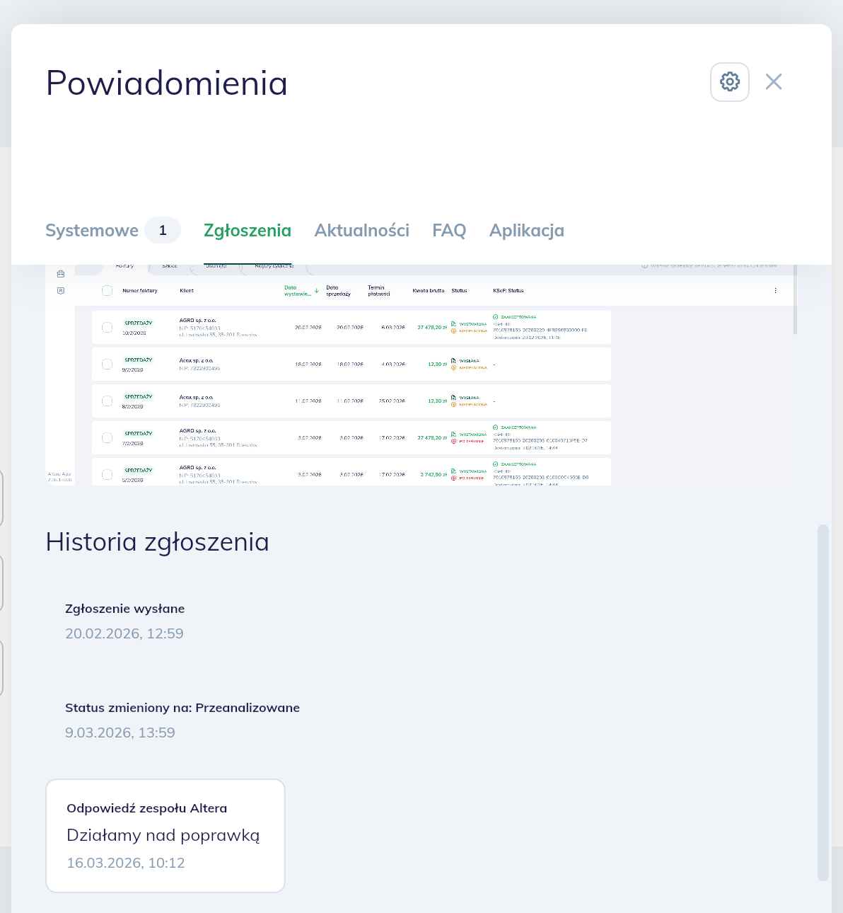 Nowa zakładka Zgłoszenia w centrum powiadomień