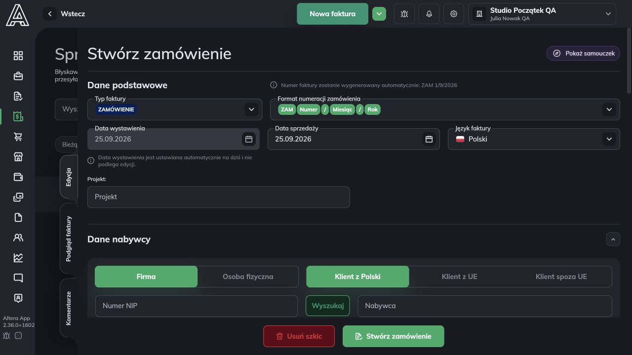 Początek formularza Stwórz zamówienie z typem dokumentu i danymi nabywcy
