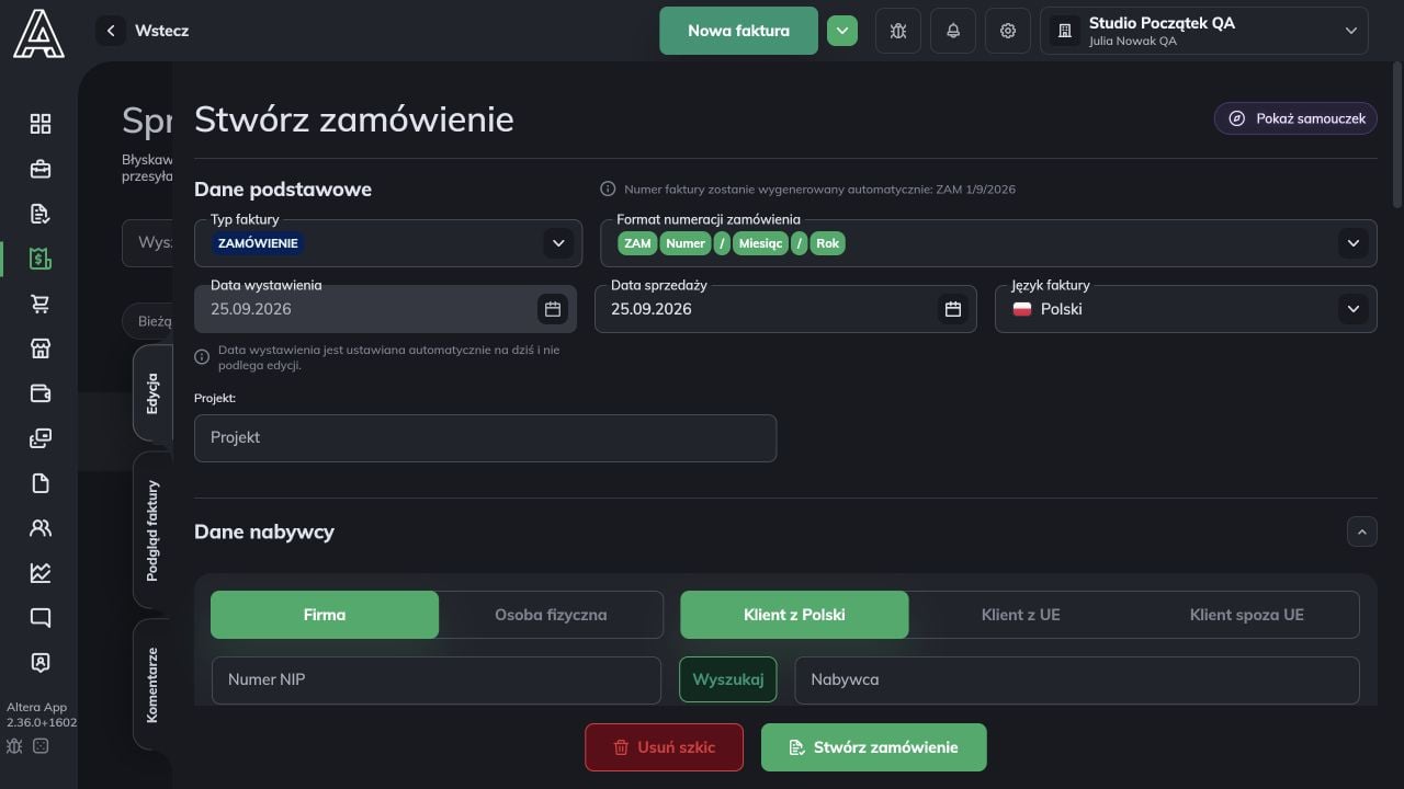 Początek formularza Stwórz zamówienie z typem dokumentu i danymi nabywcy