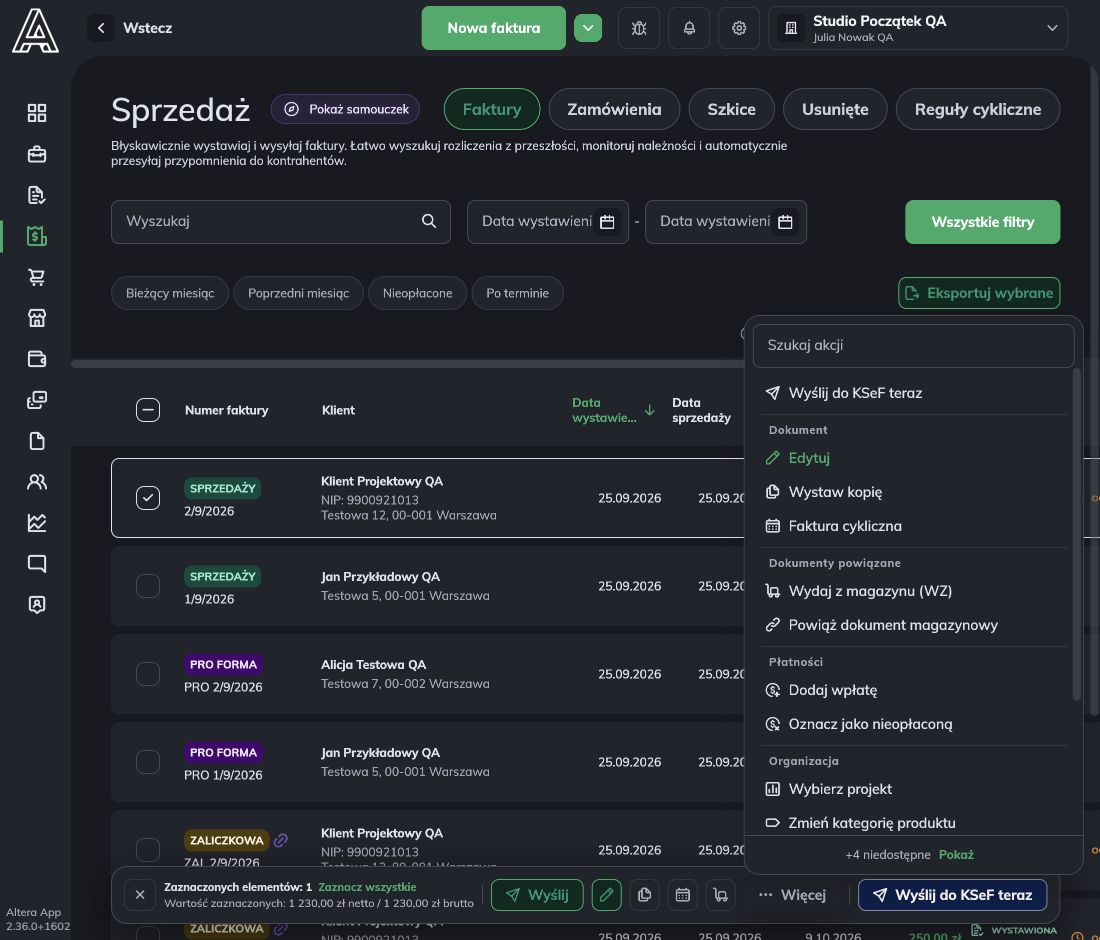 Zaznaczona faktura, pasek wyboru i menu Więcej z akcją Dodaj wpłatę