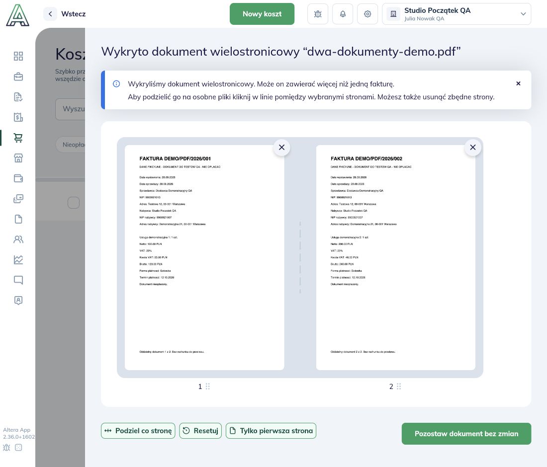 Panel wykrytego dokumentu wielostronicowego z podglądami stron i opcjami podziału