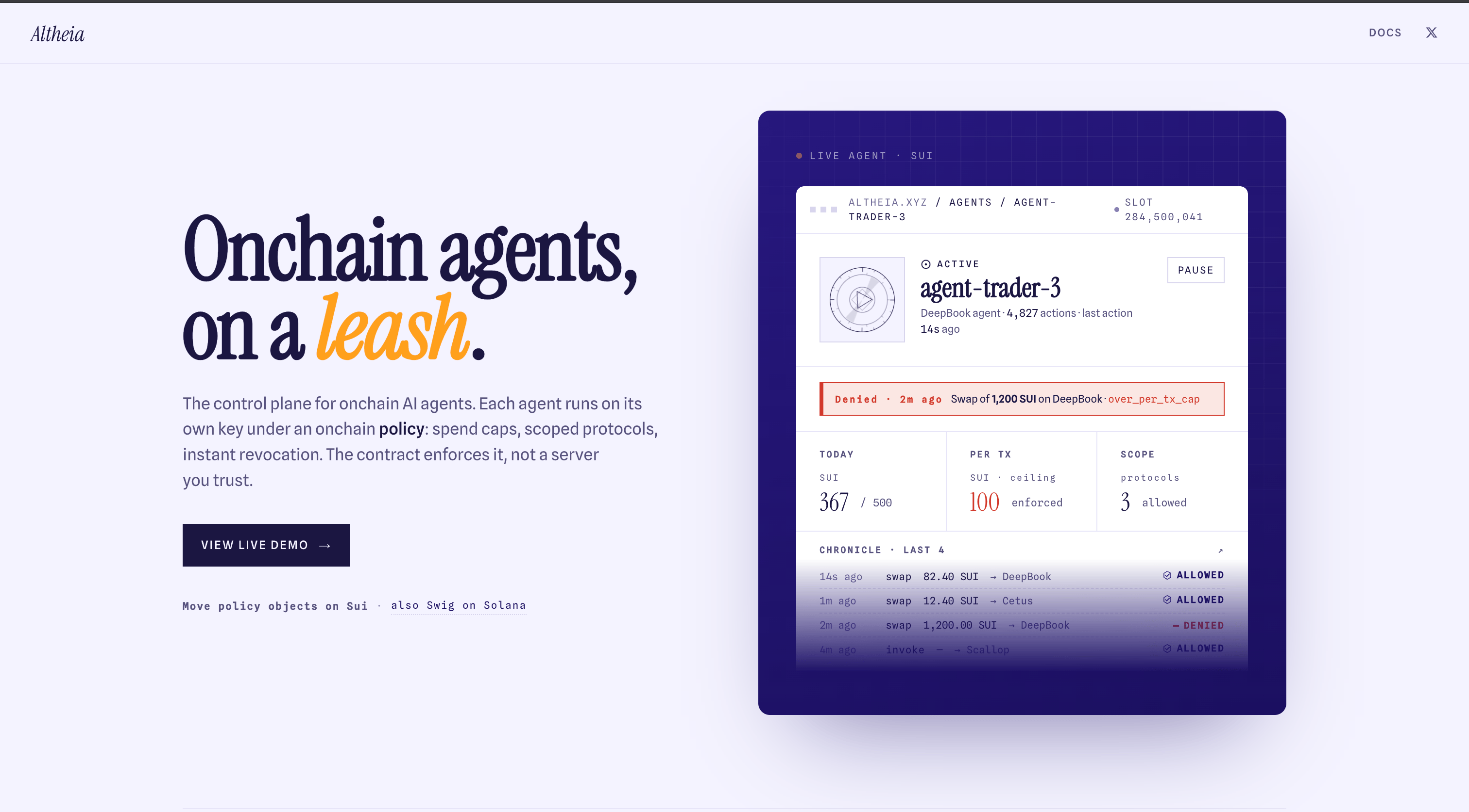 Altheia — on-chain agents, on a leash
