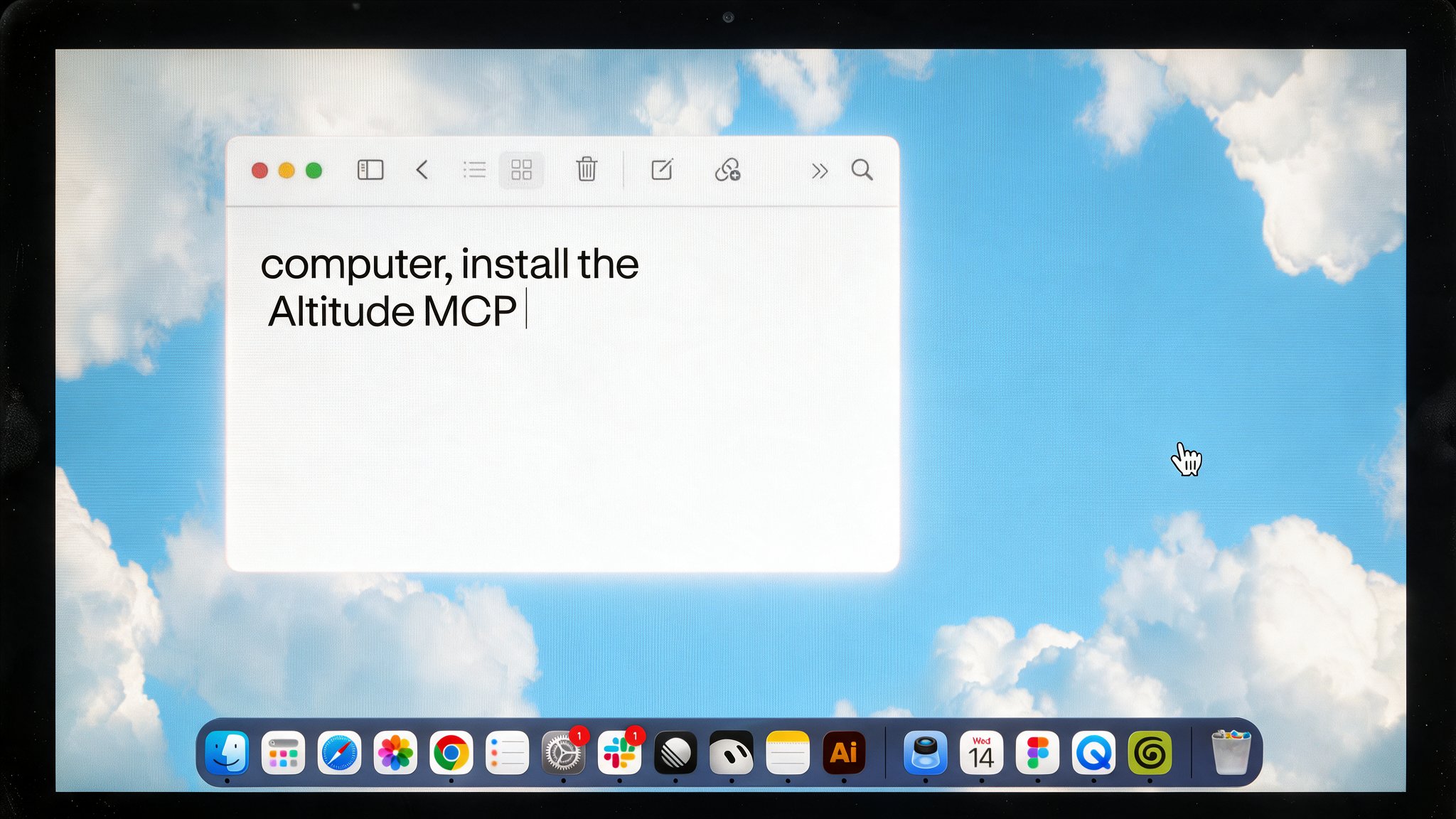 A desktop window reading “computer, install the Altitude MCP” against a blue sky.