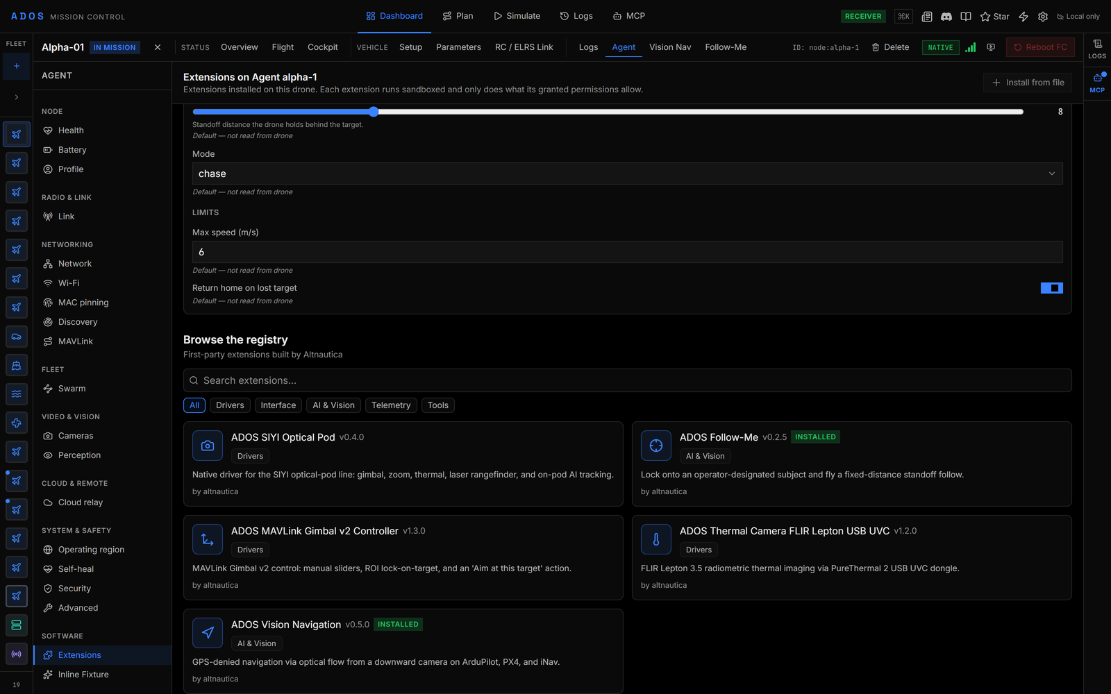 Extensions tab catalog grid with search box, category filters and an installed marker