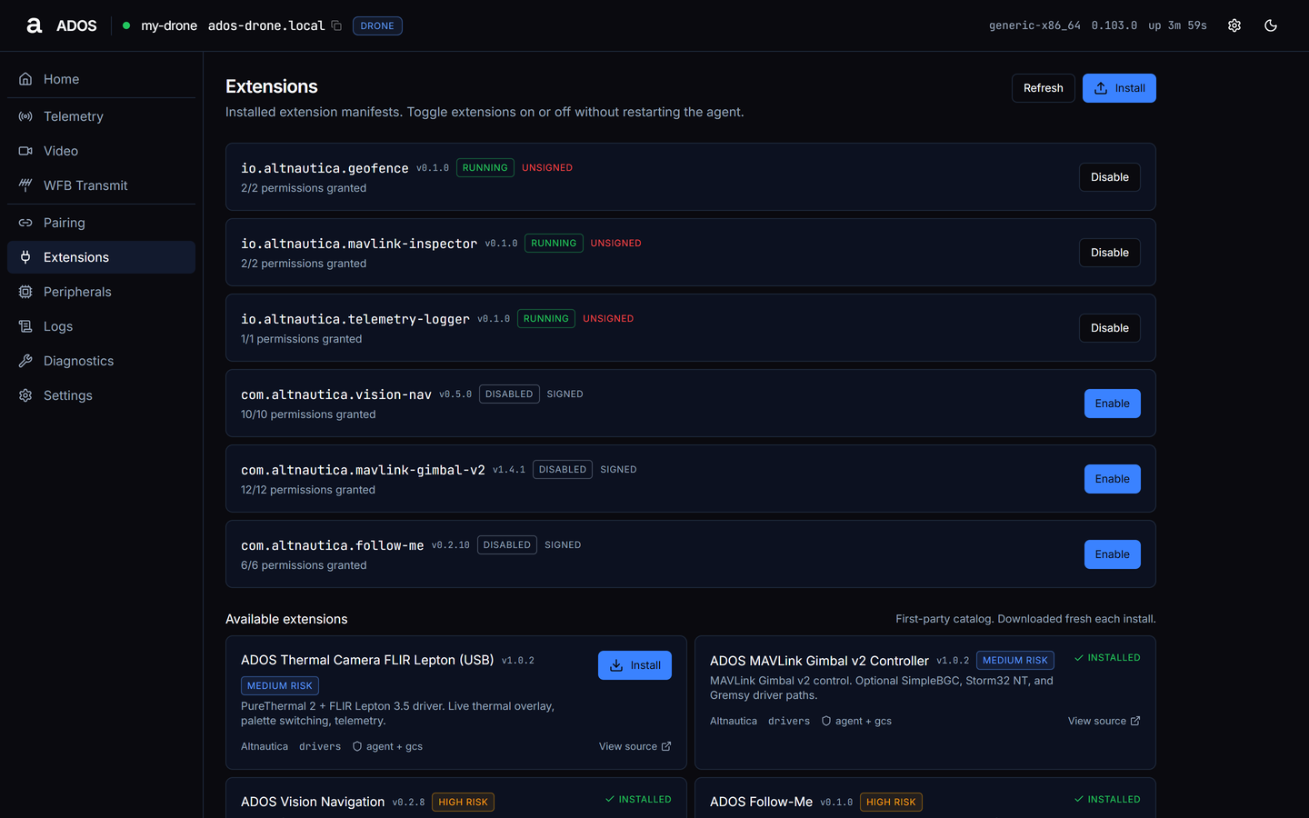 Agent dashboard Extensions page with installed extension rows and the Available extensions grid