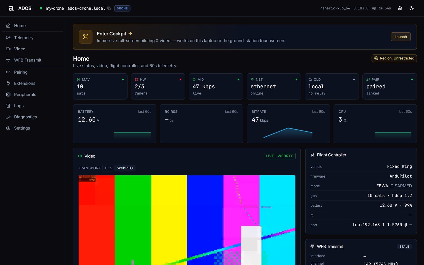 Agent dashboard Home with a red status dot on the HW tile reading 2/3 and naming the missing Camera