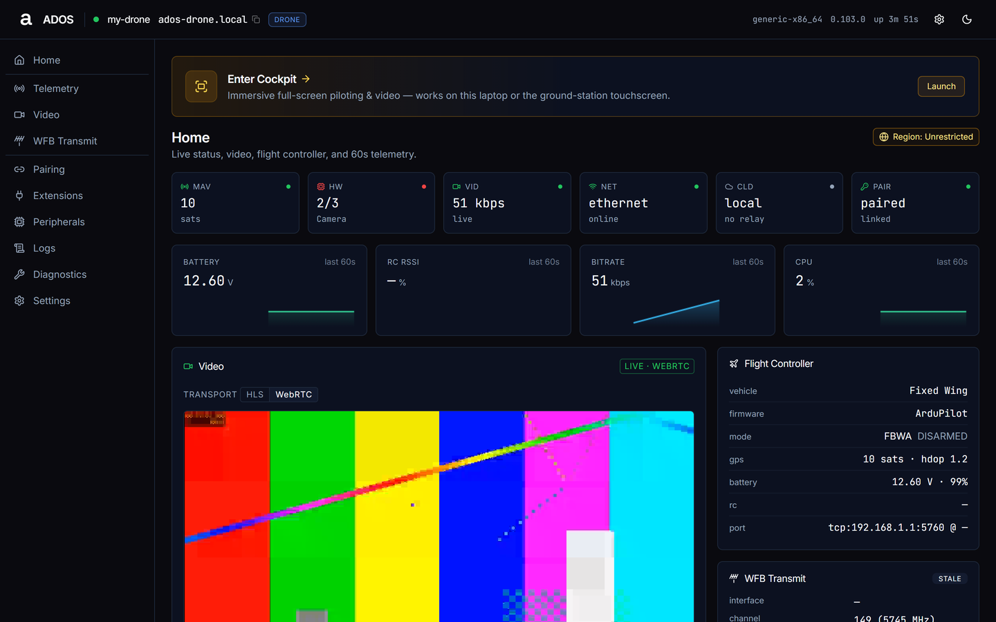 Agent dashboard Home on a drone node with the Enter Cockpit banner, status tiles and panels