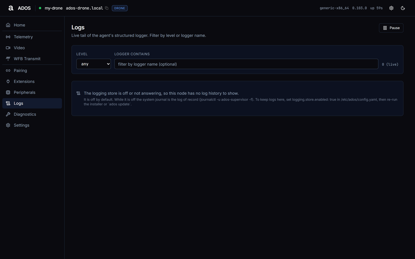 Agent dashboard Logs page with the Level and Logger contains filters above the notice that the logging store is off, with the journalctl command and the setting that turns the store on