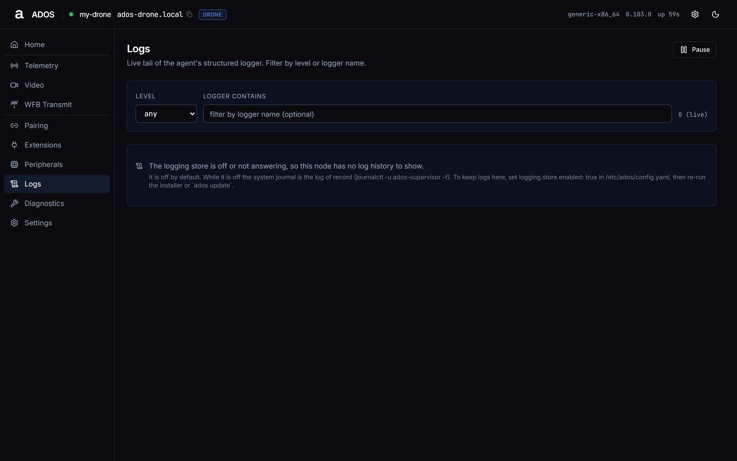 Agent dashboard Logs page with the Level and Logger contains filters above the notice that the logging store is off, with the journalctl command and the setting that turns the store on