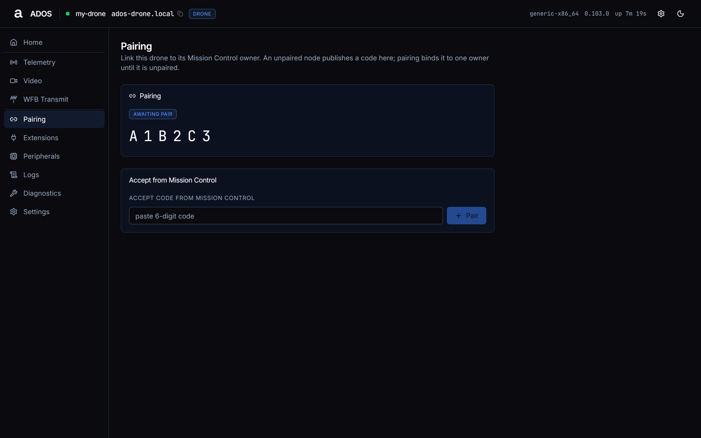 Agent dashboard Pairing page with the awaiting pair badge, the pairing code and the Accept from Mission Control form