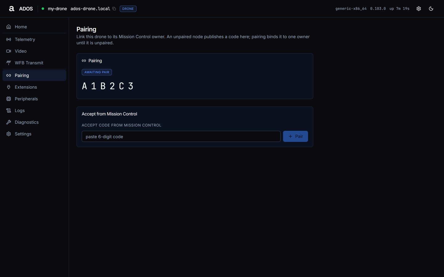 Agent dashboard Pairing page with the awaiting pair badge, the pairing code and the Accept from Mission Control form