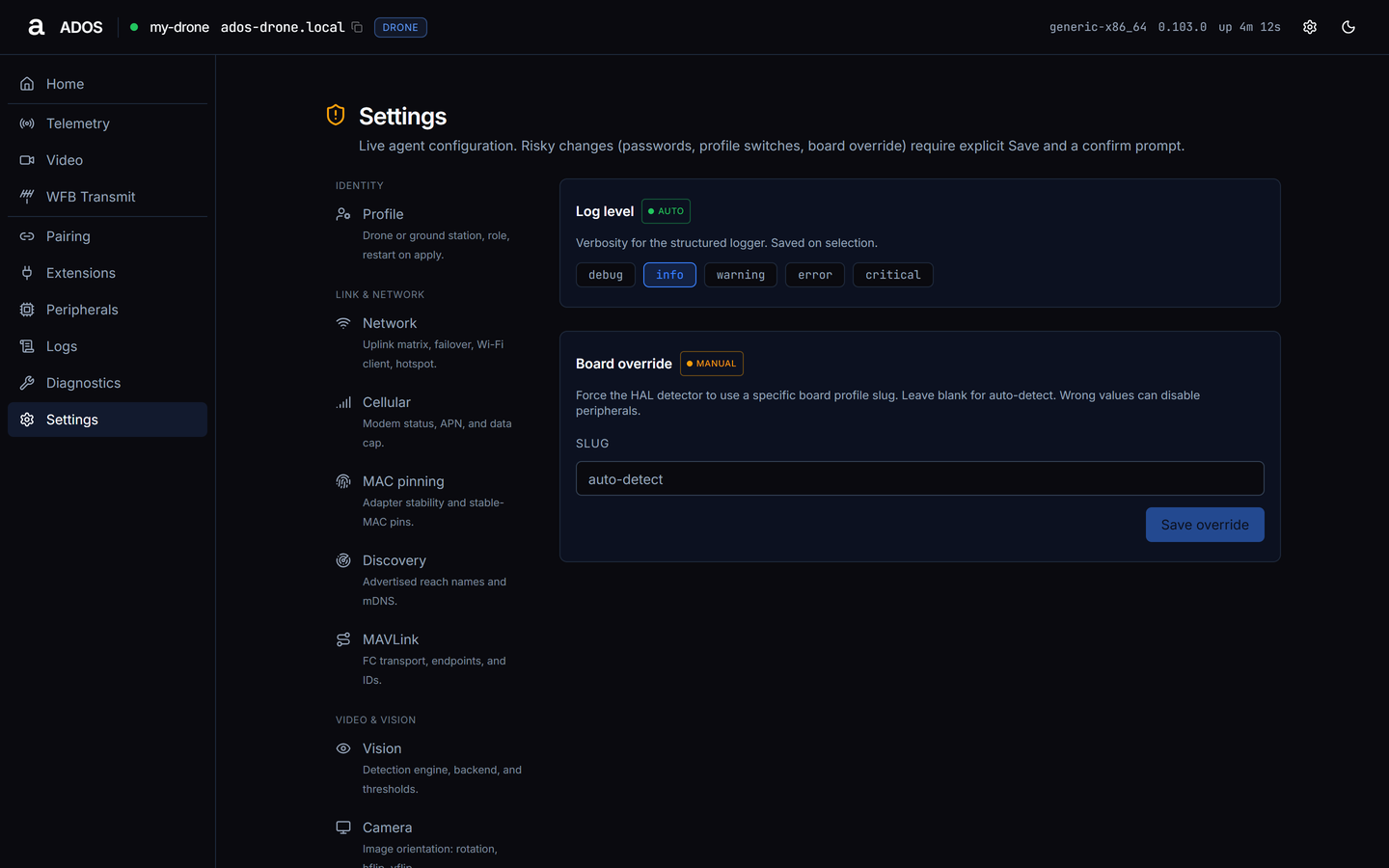 Agent dashboard Settings Advanced section with the Log level choice and the Board override field