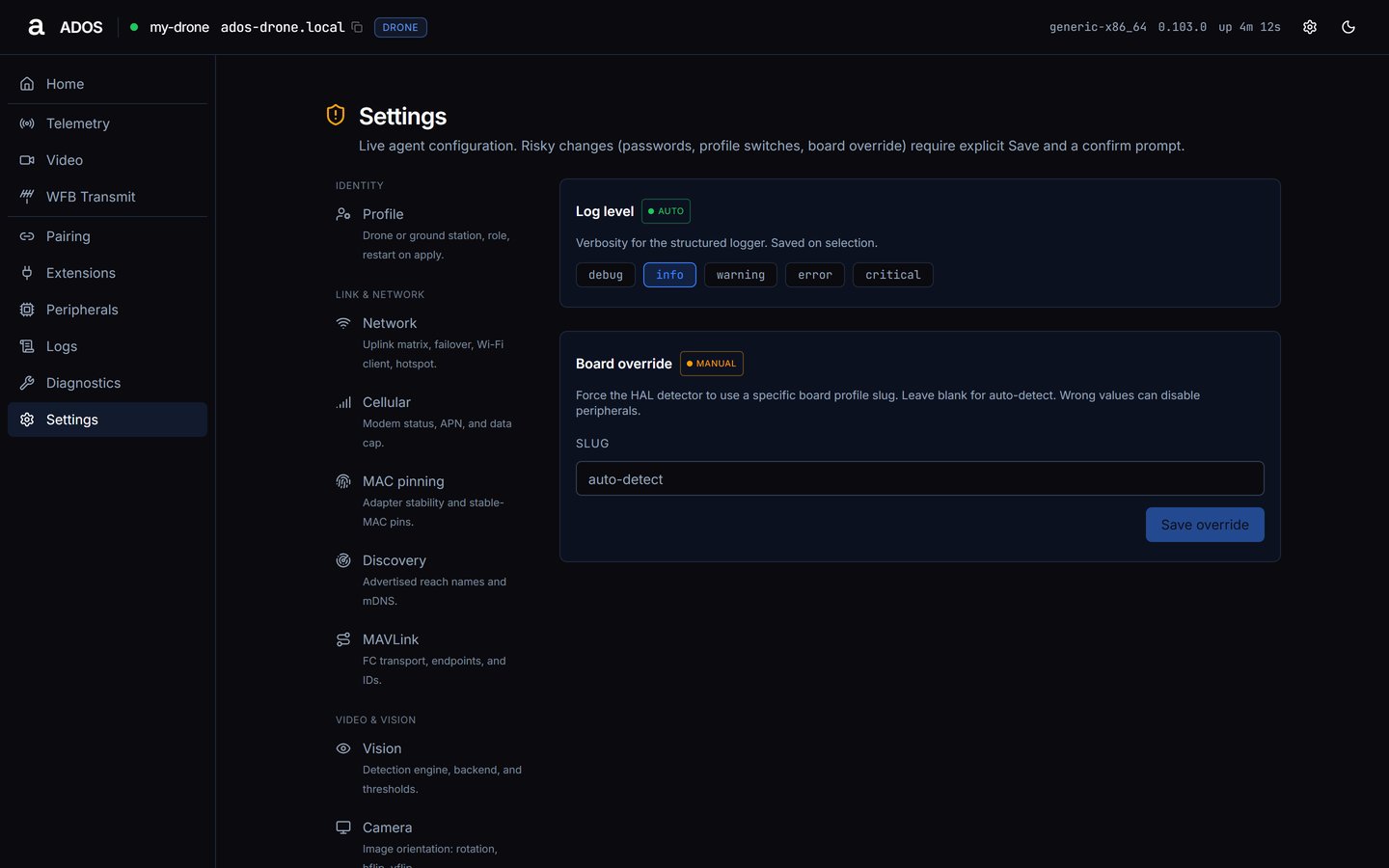 Agent dashboard Settings Advanced section with the Log level choice and the Board override field