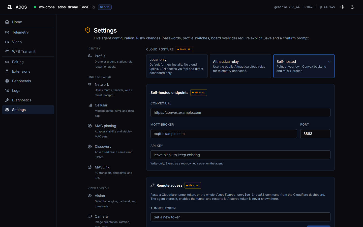 Agent dashboard Settings Cloud section with Self-hosted selected and its Convex URL, MQTT broker, Port and API key fields