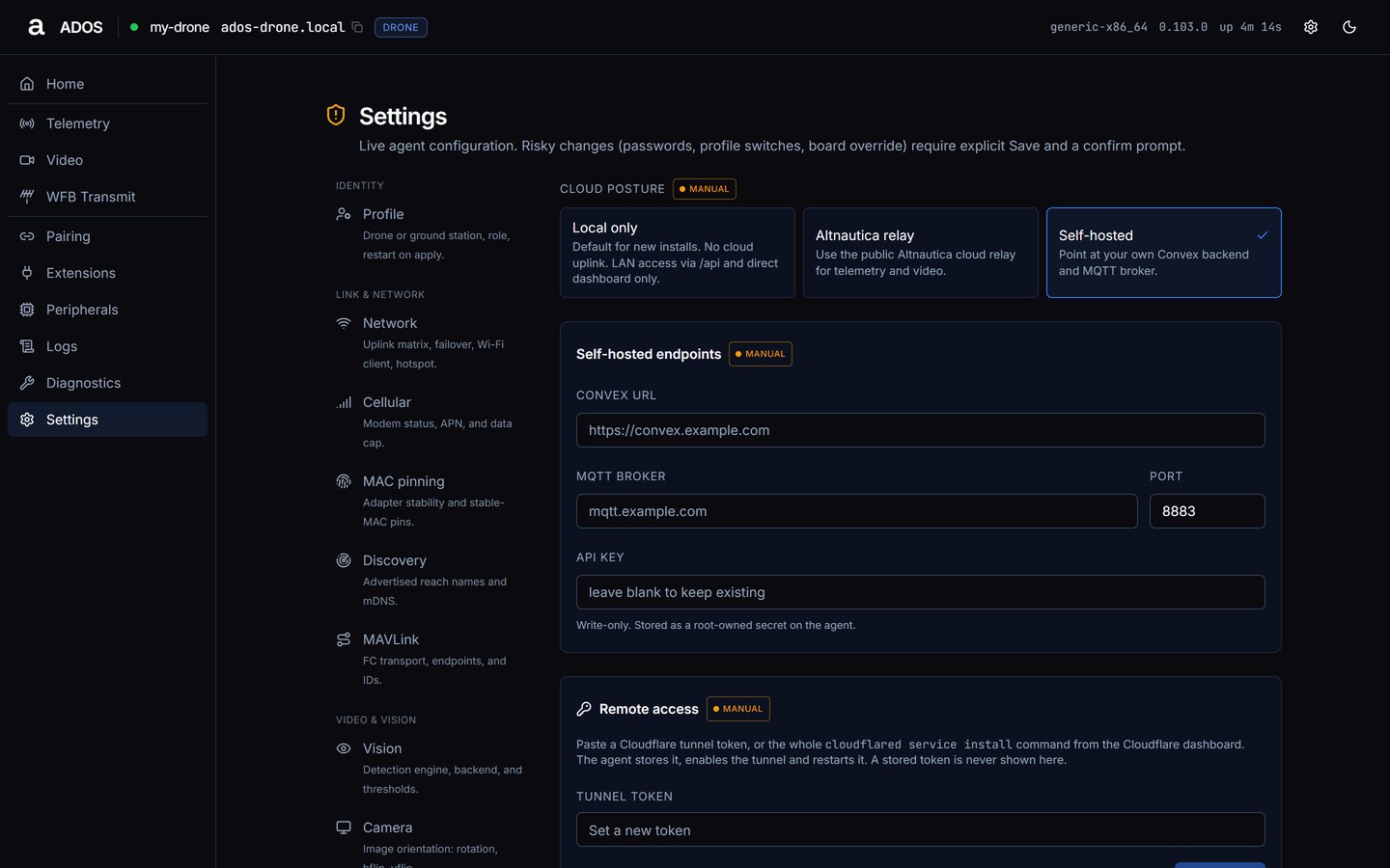 Agent dashboard Settings Cloud section with Self-hosted selected and its Convex URL, MQTT broker, Port and API key fields