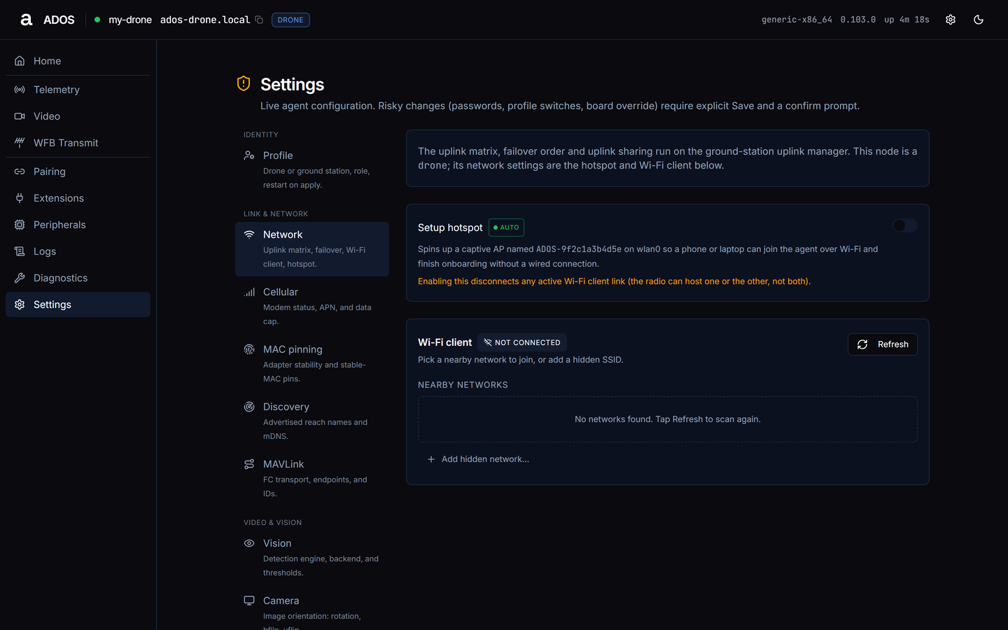 Agent dashboard Settings Network section on a drone: the note that the uplink matrix runs on the ground station, the Setup hotspot toggle and the Wi-Fi client panel