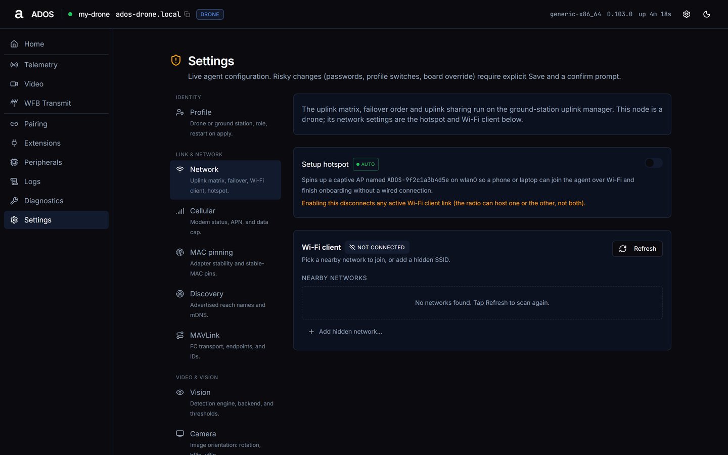 Agent dashboard Settings Network section on a drone: the note that the uplink matrix runs on the ground station, the Setup hotspot toggle and the Wi-Fi client panel