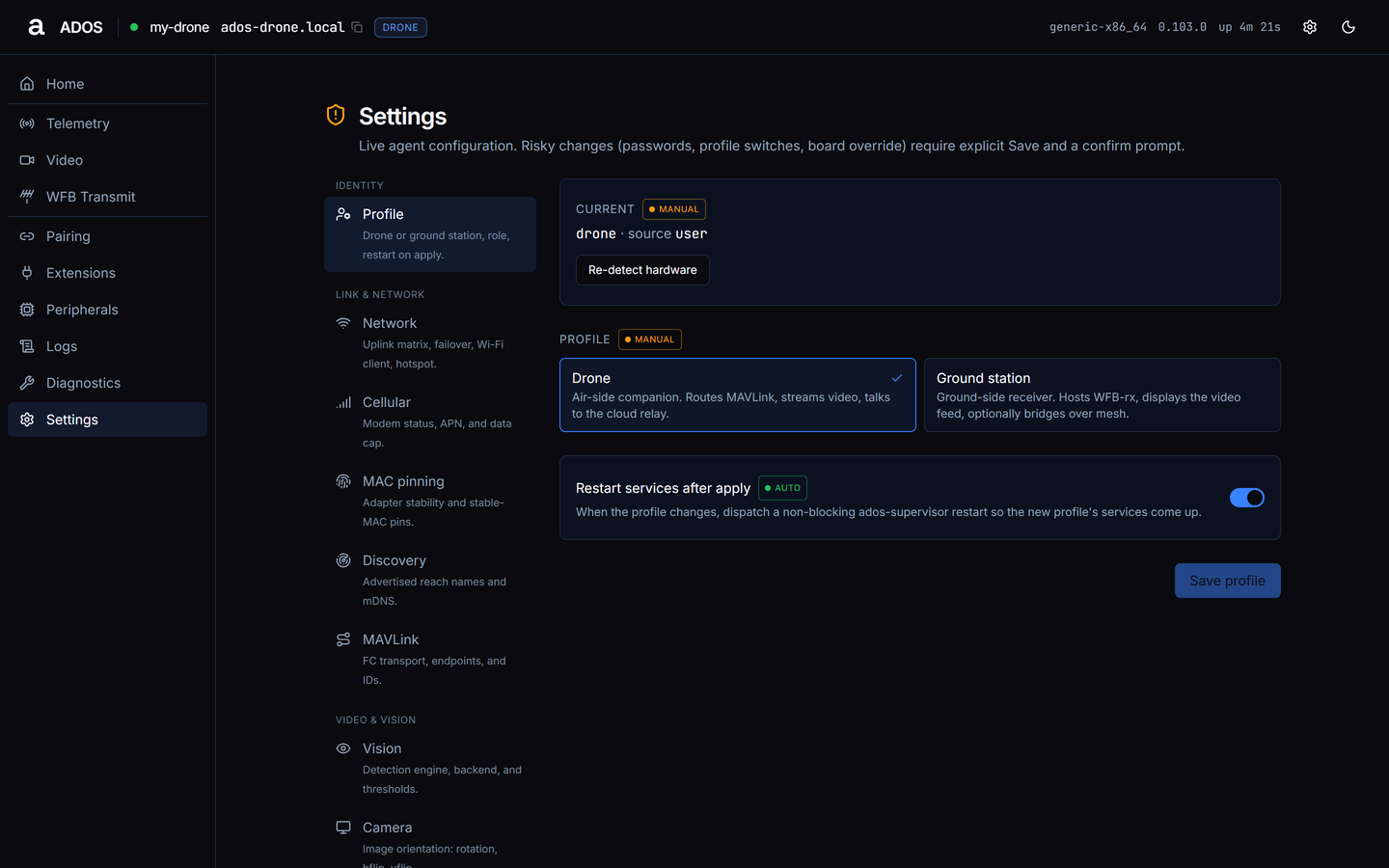 Agent dashboard Settings Profile section with the Current card, the Drone and Ground station choices and the grouped settings nav starting at Identity