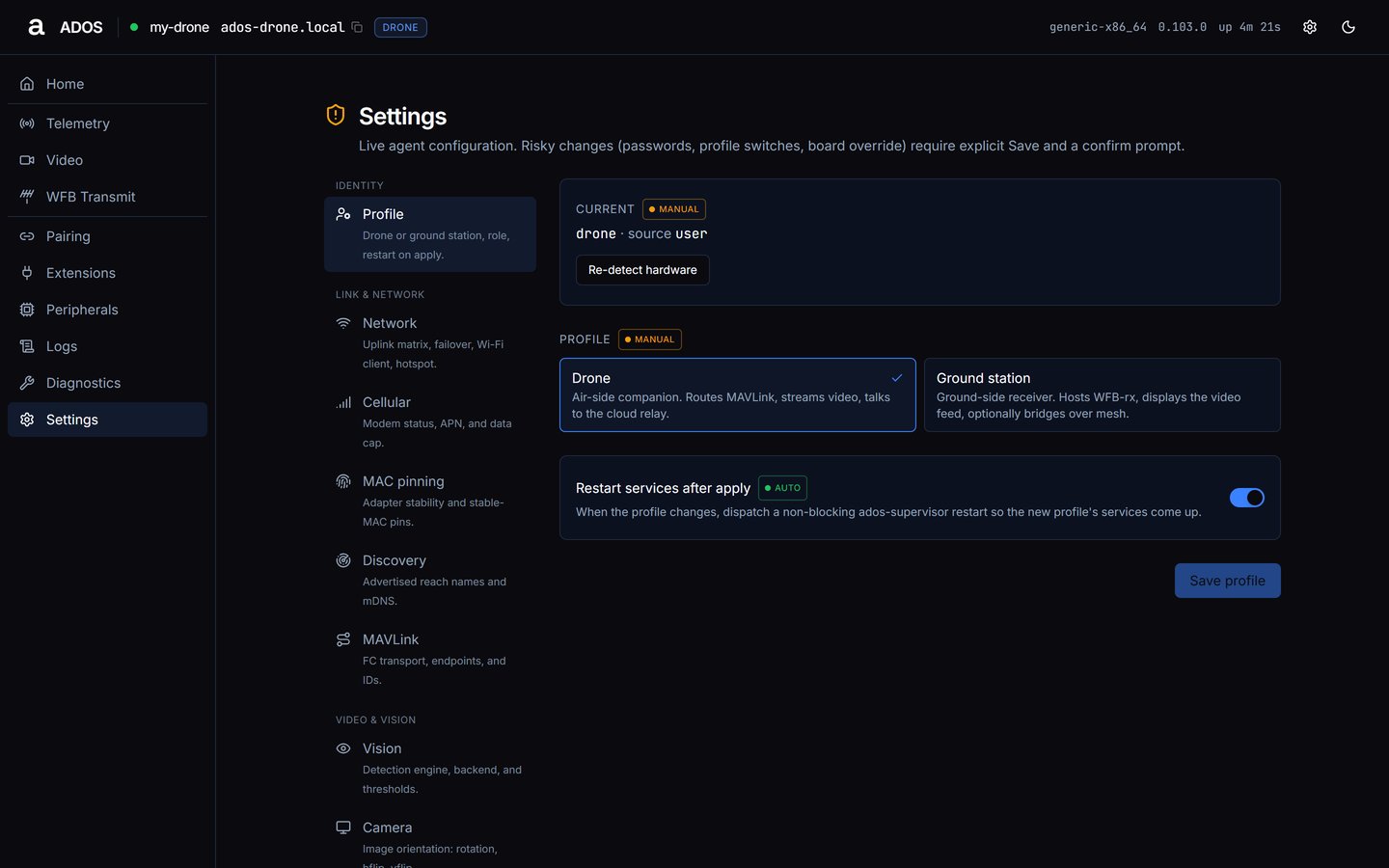 Agent dashboard Settings Profile section with the Current card, the Drone and Ground station choices and the grouped settings nav starting at Identity